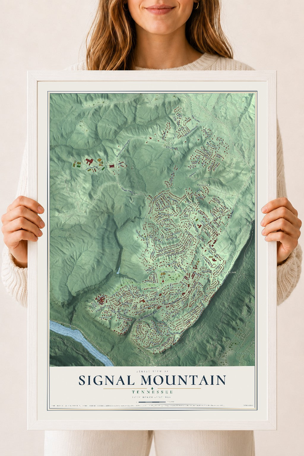 Map of Signal Mountain, Tennessee, 18 x 24 inch print in a white wood frame