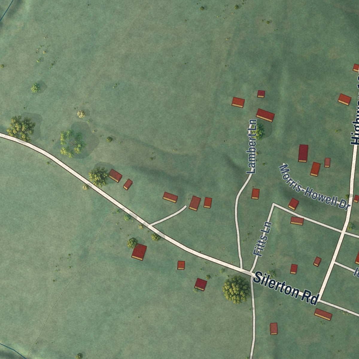 Close-up of the map of Silerton, Tennessee print showing street and building detail