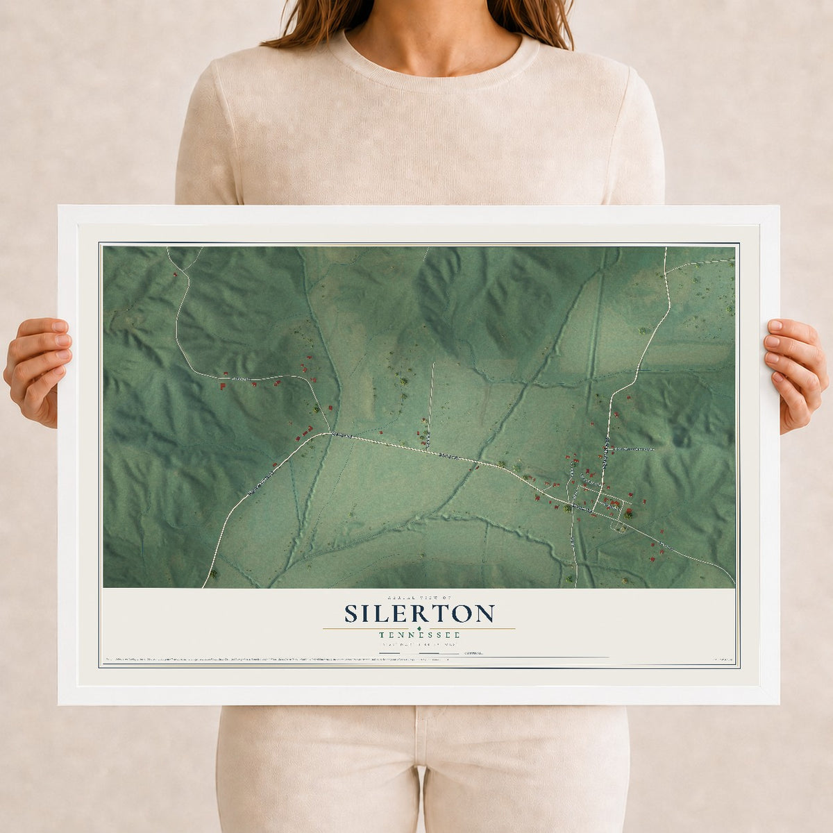Map of Silerton, Tennessee, 12 x 18 inch print in a white wood frame