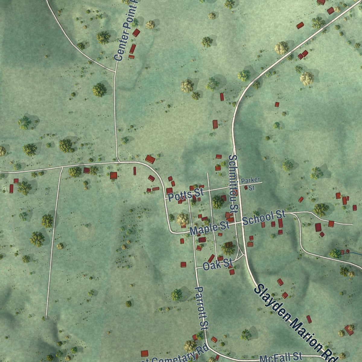 Close-up of the map of Slayden, Tennessee print showing street and building detail