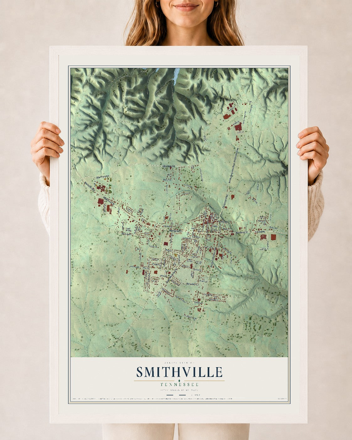 Map of Smithville, Tennessee, 24 x 36 inch print in a white wood frame