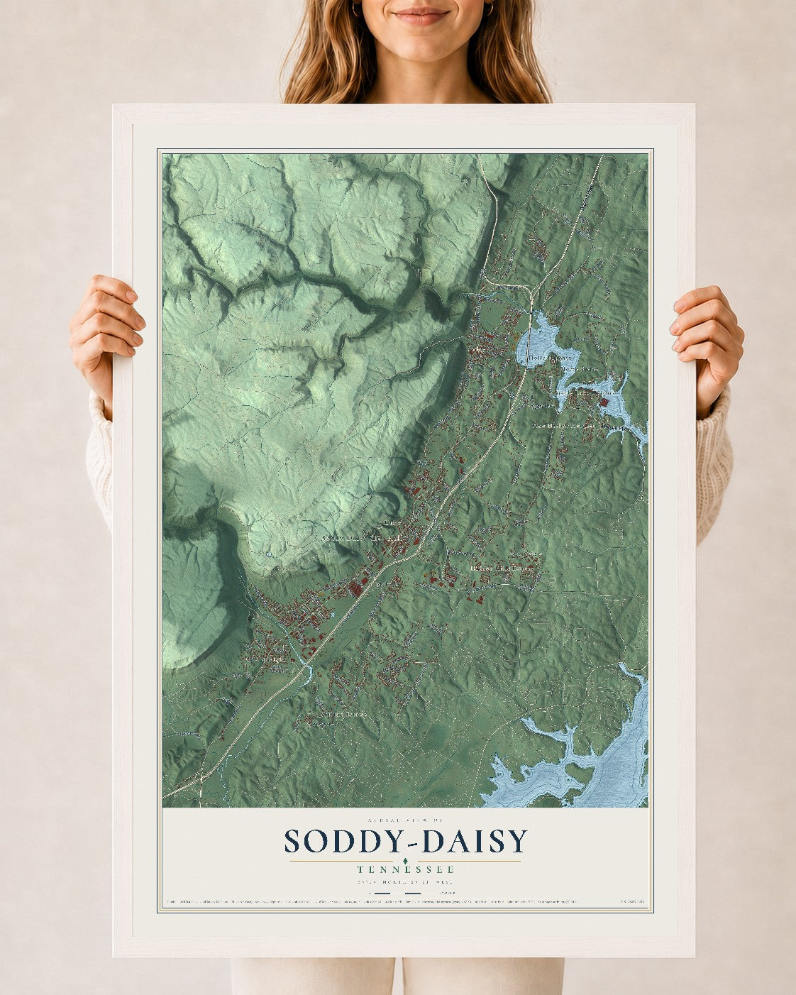 Map of Soddy-Daisy, Tennessee, 24 x 36 inch print in a white wood frame