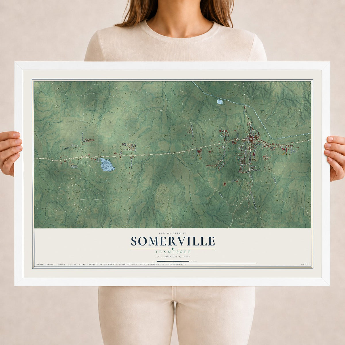 Map of Somerville, Tennessee, 18 x 24 inch print in a white wood frame