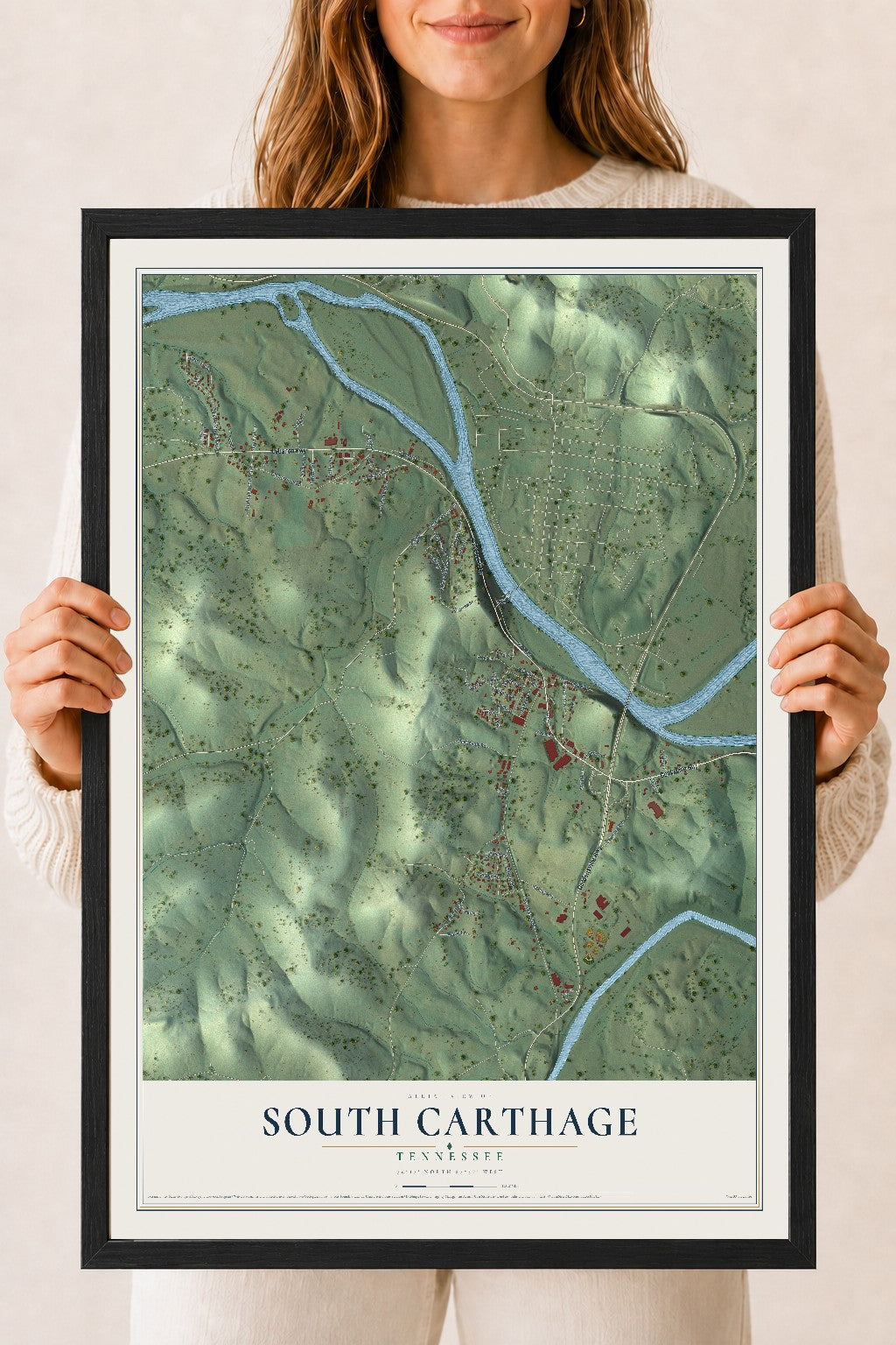 Map of South Carthage, Tennessee, 18 x 24 inch print in a black wood frame