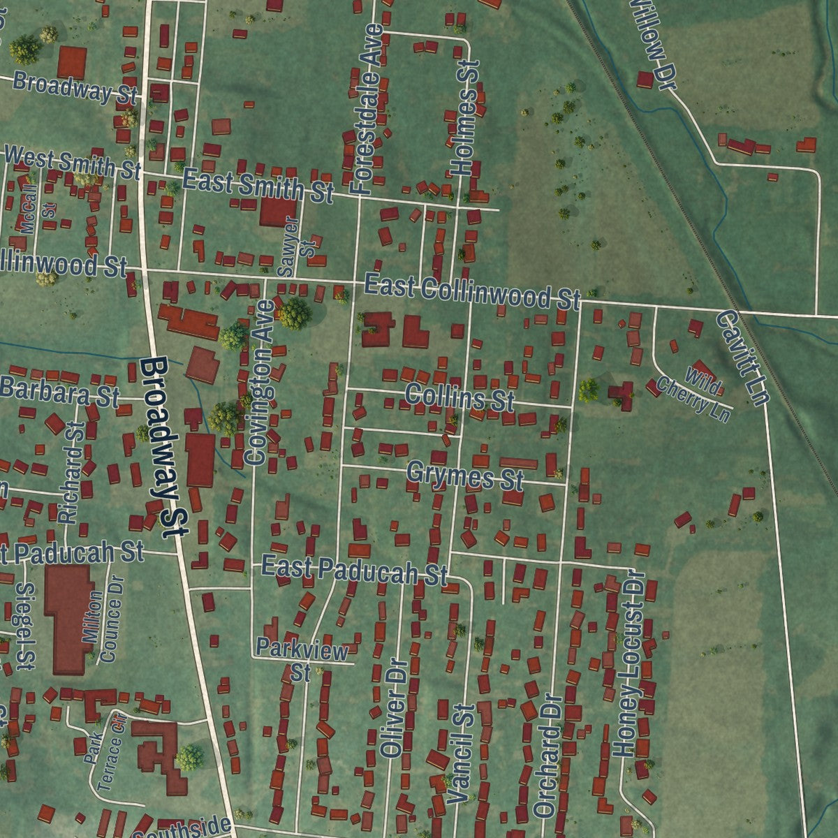 Close-up of the map of South Fulton, Tennessee print showing street and building detail
