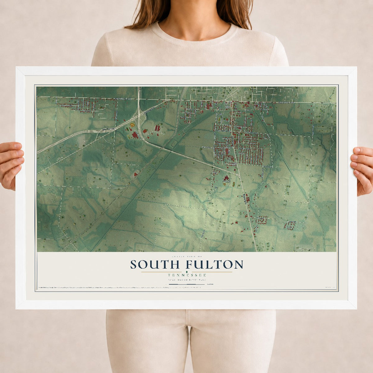 Map of South Fulton, Tennessee, 18 x 24 inch print in a white wood frame