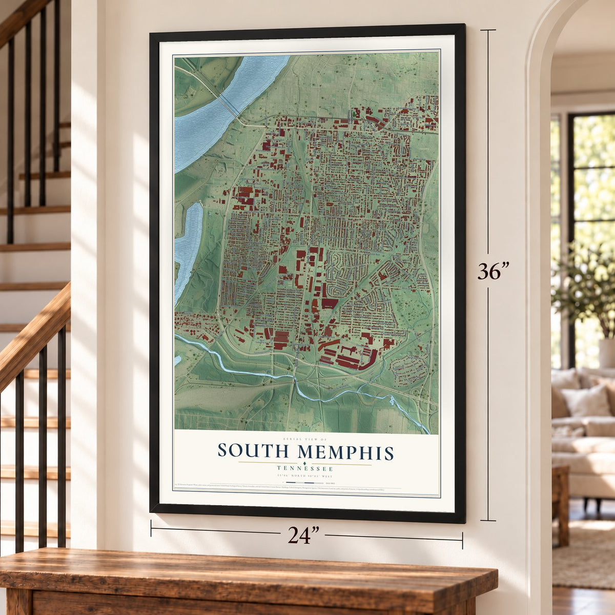 South Memphis, Tennessee map, 24 x 36 inch print in a black frame by a staircase