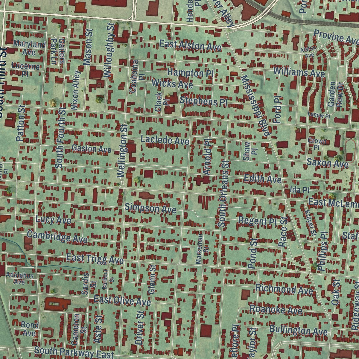 Close-up of the map of South Memphis, Tennessee print showing street and building detail