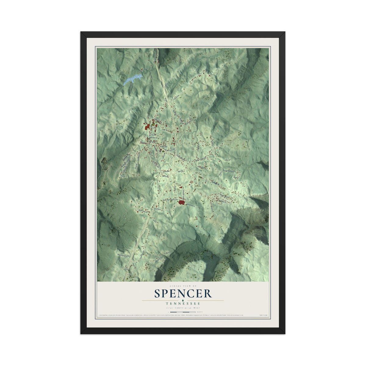 Map of Spencer, Tennessee, 12 x 18 inch print in a black wood frame