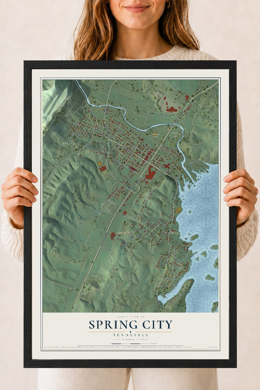 Map of Spring City, Tennessee, 18 x 24 inch print in a black wood frame