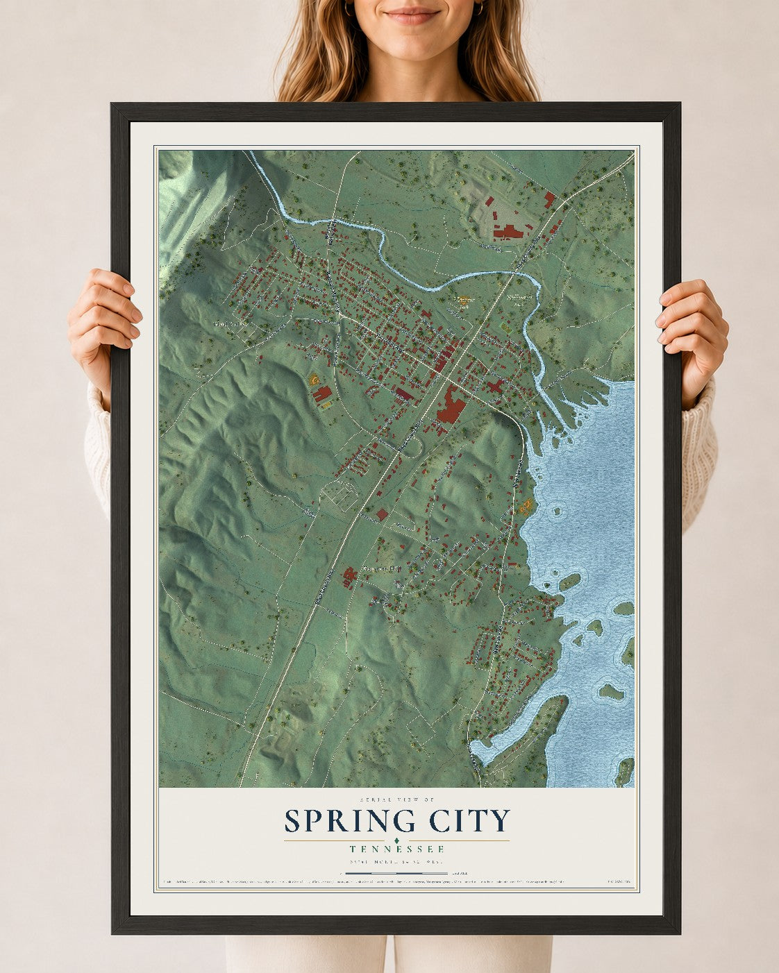 Map of Spring City, Tennessee, 24 x 36 inch print in a black wood frame