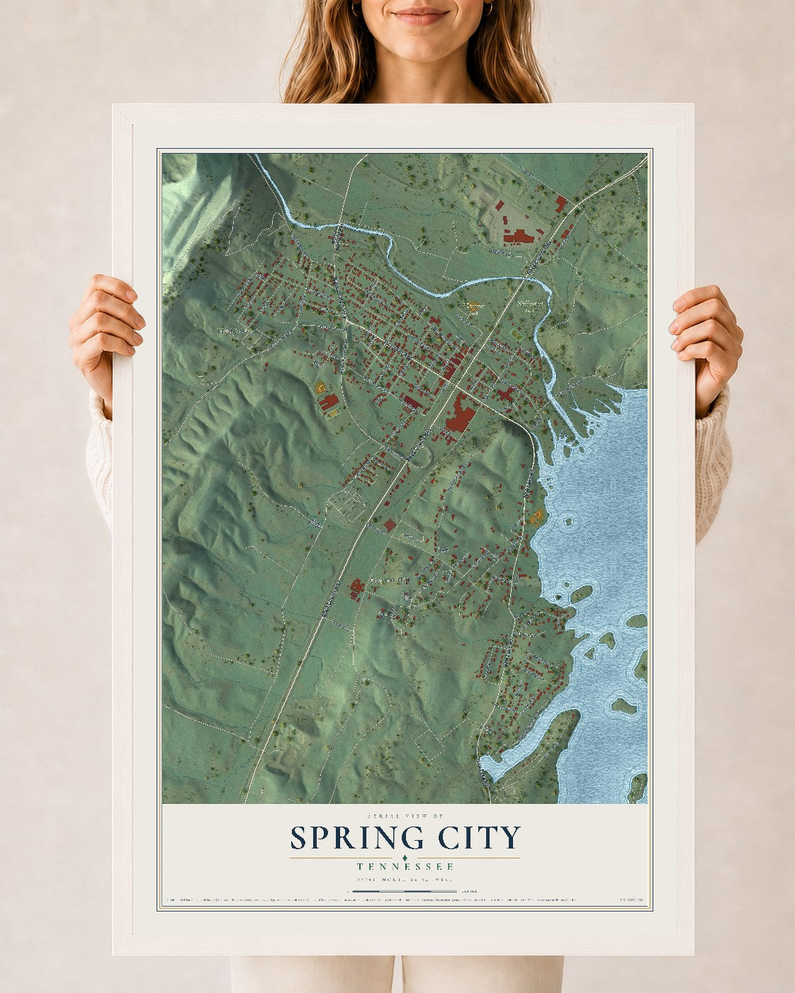 Map of Spring City, Tennessee, 24 x 36 inch print in a white wood frame