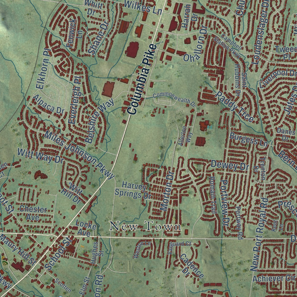 Close-up of the map of Spring Hill, Tennessee print showing street and building detail