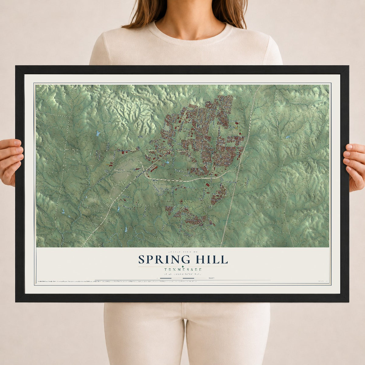 Map of Spring Hill, Tennessee, 18 x 24 inch print in a black wood frame