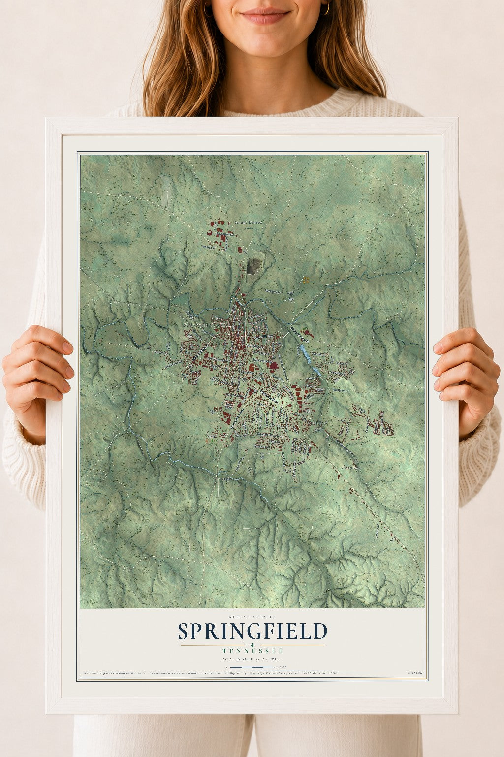 Map of Springfield, Tennessee, 18 x 24 inch print in a white wood frame