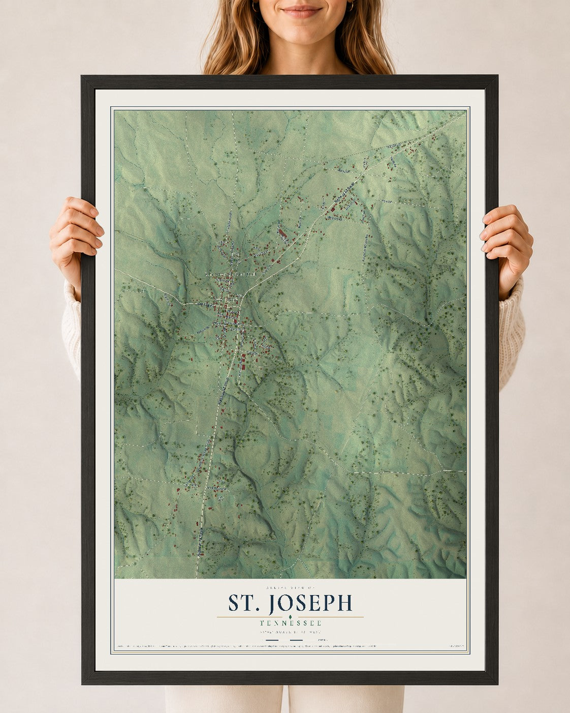 Map of St. Joseph, Tennessee, 24 x 36 inch print in a black wood frame
