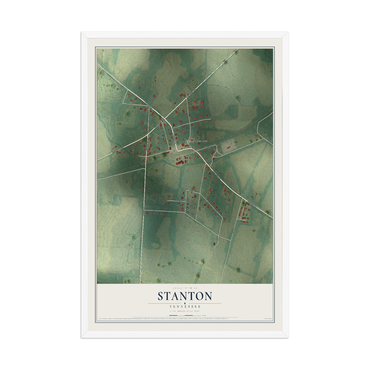 Map of Stanton, Tennessee, 12 x 18 inch print in a white wood frame