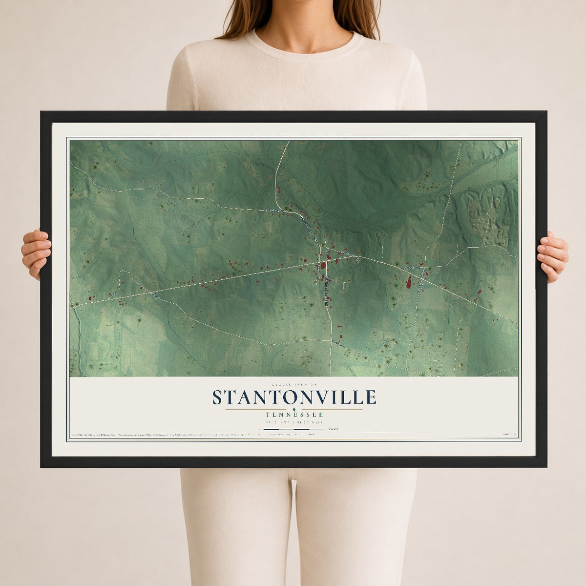 Map of Stantonville, Tennessee, 24 x 36 inch print in a black wood frame