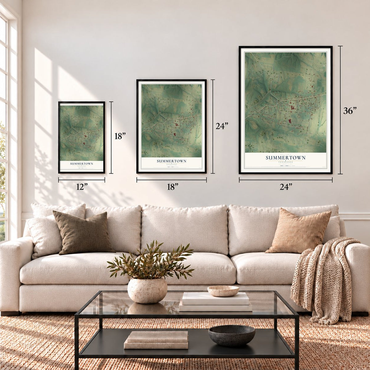 Summertown, Tennessee map in 12 x 18, 18 x 24 and 24 x 36 inch sizes above a sofa