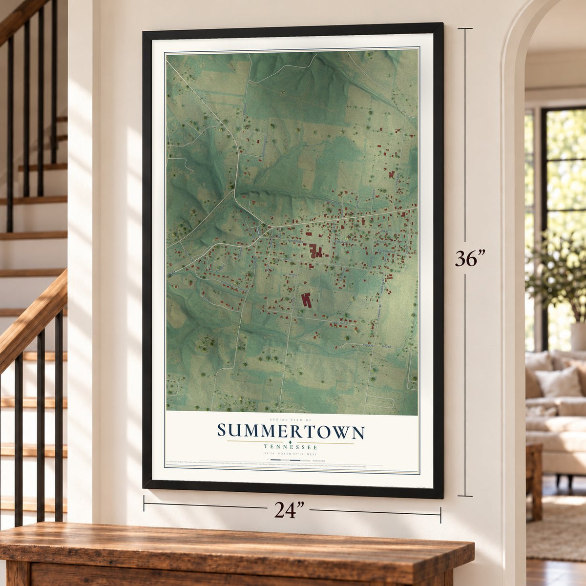 Summertown, Tennessee map, 24 x 36 inch print in a black frame by a staircase