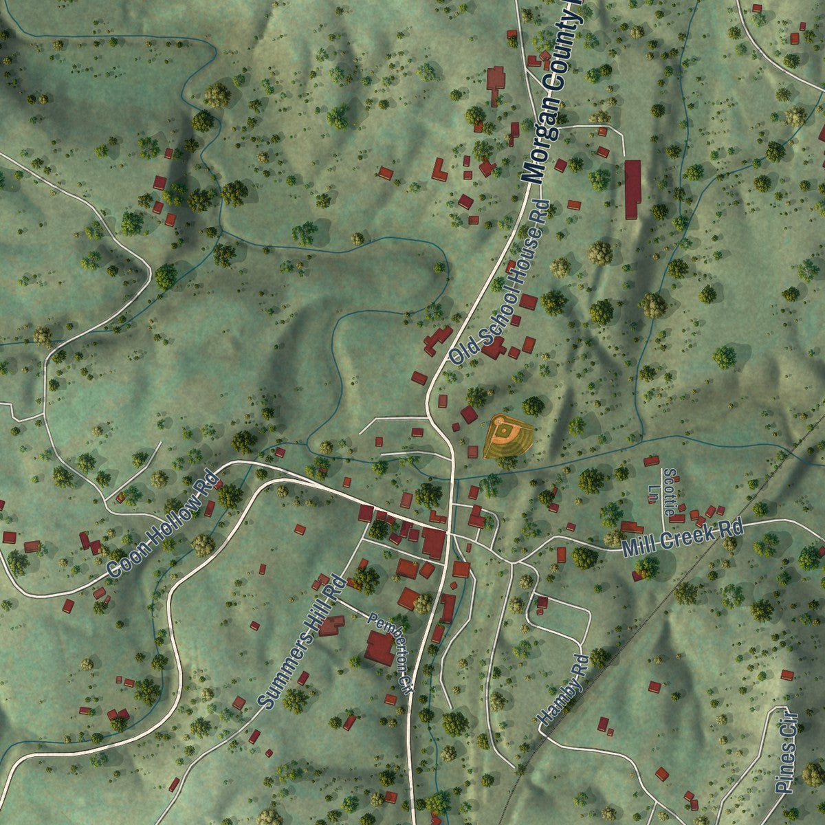 Second close-up of the map of Sunbright, Tennessee print showing more streets and buildings