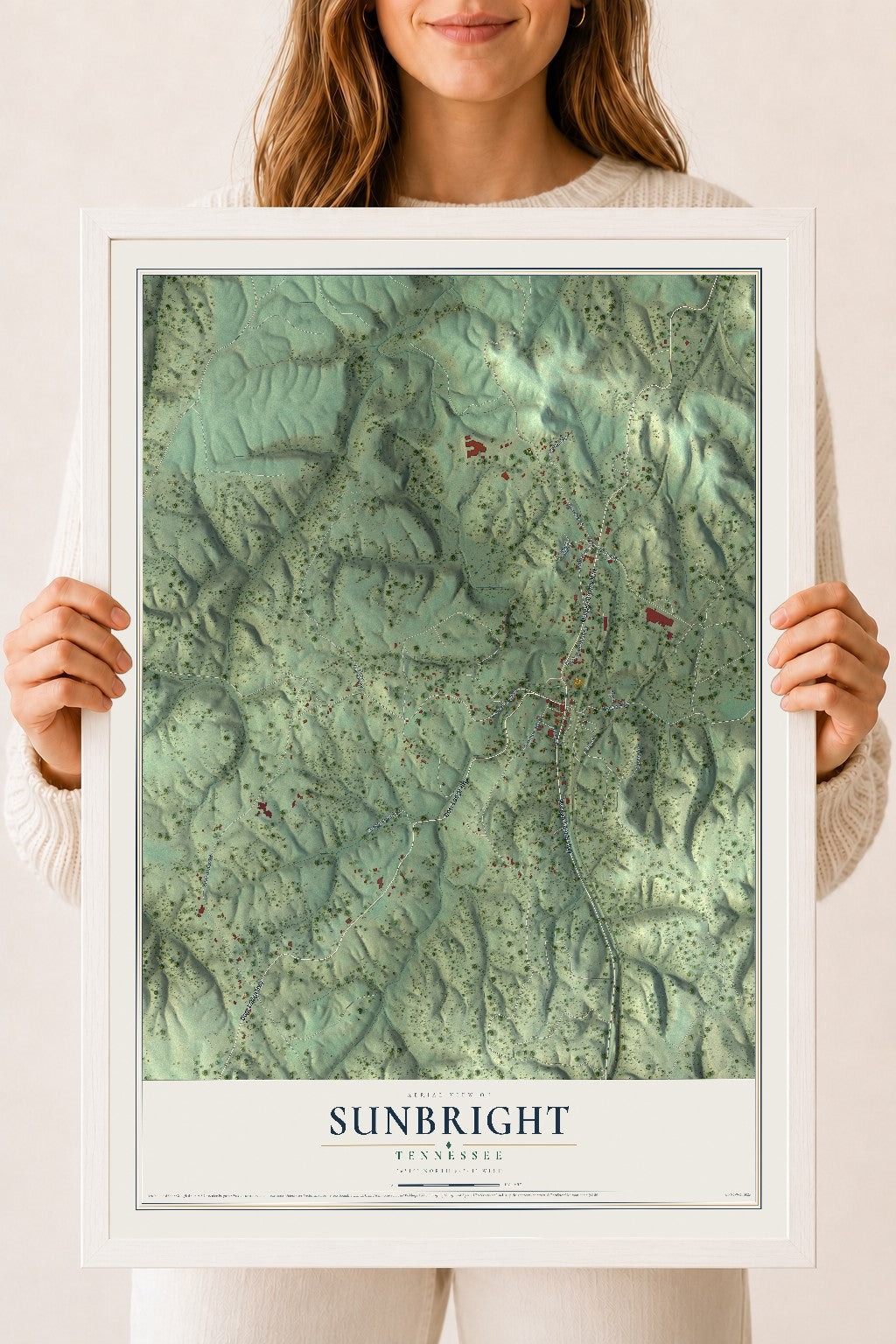 Map of Sunbright, Tennessee, 18 x 24 inch print in a white wood frame