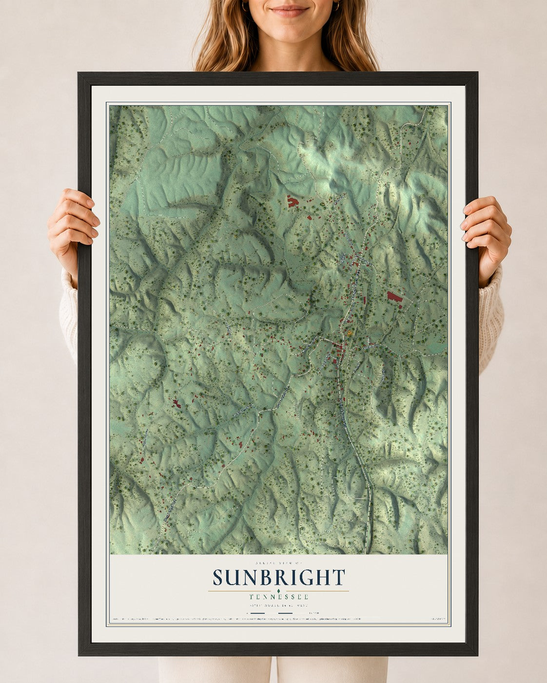 Map of Sunbright, Tennessee, 24 x 36 inch print in a black wood frame