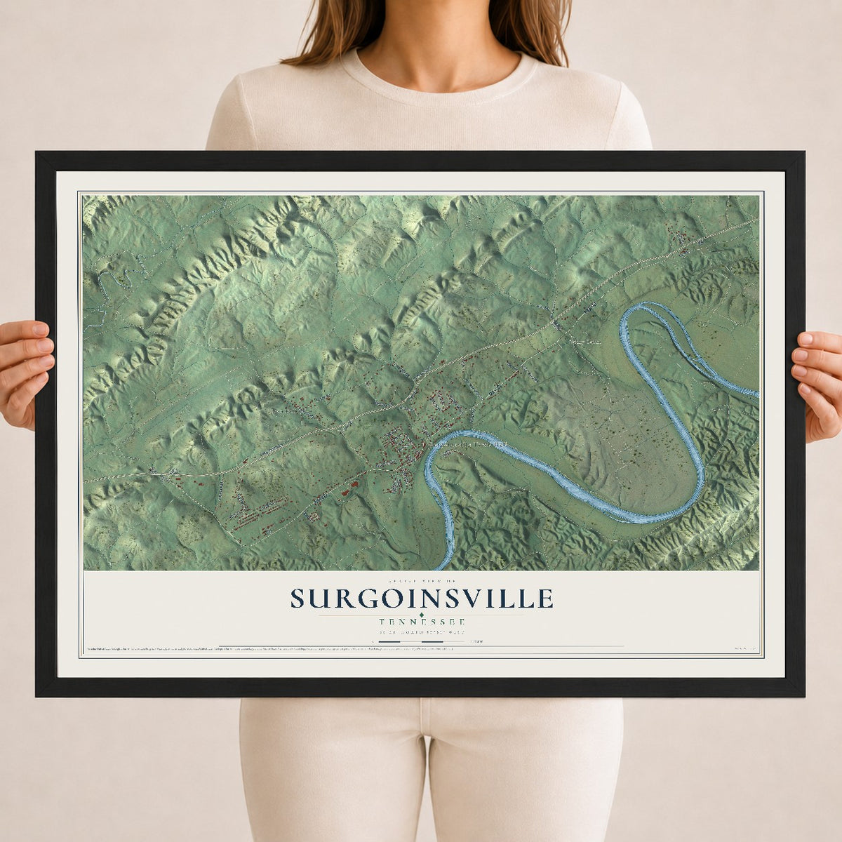 Map of Surgoinsville, Tennessee, 18 x 24 inch print in a black wood frame