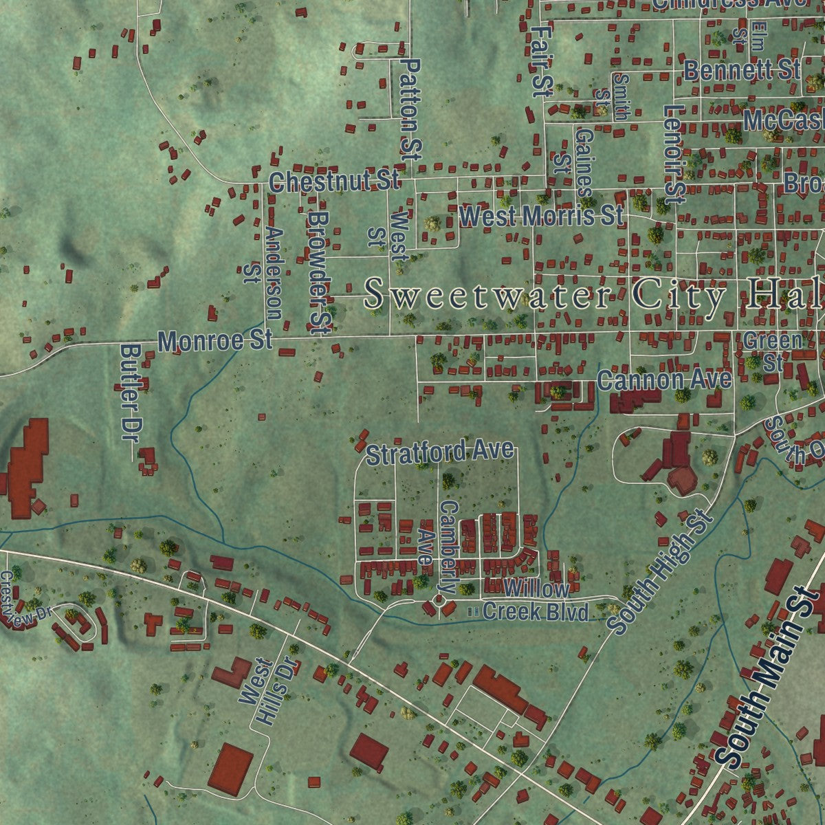 Second close-up of the map of Sweetwater, Tennessee print showing more streets and buildings