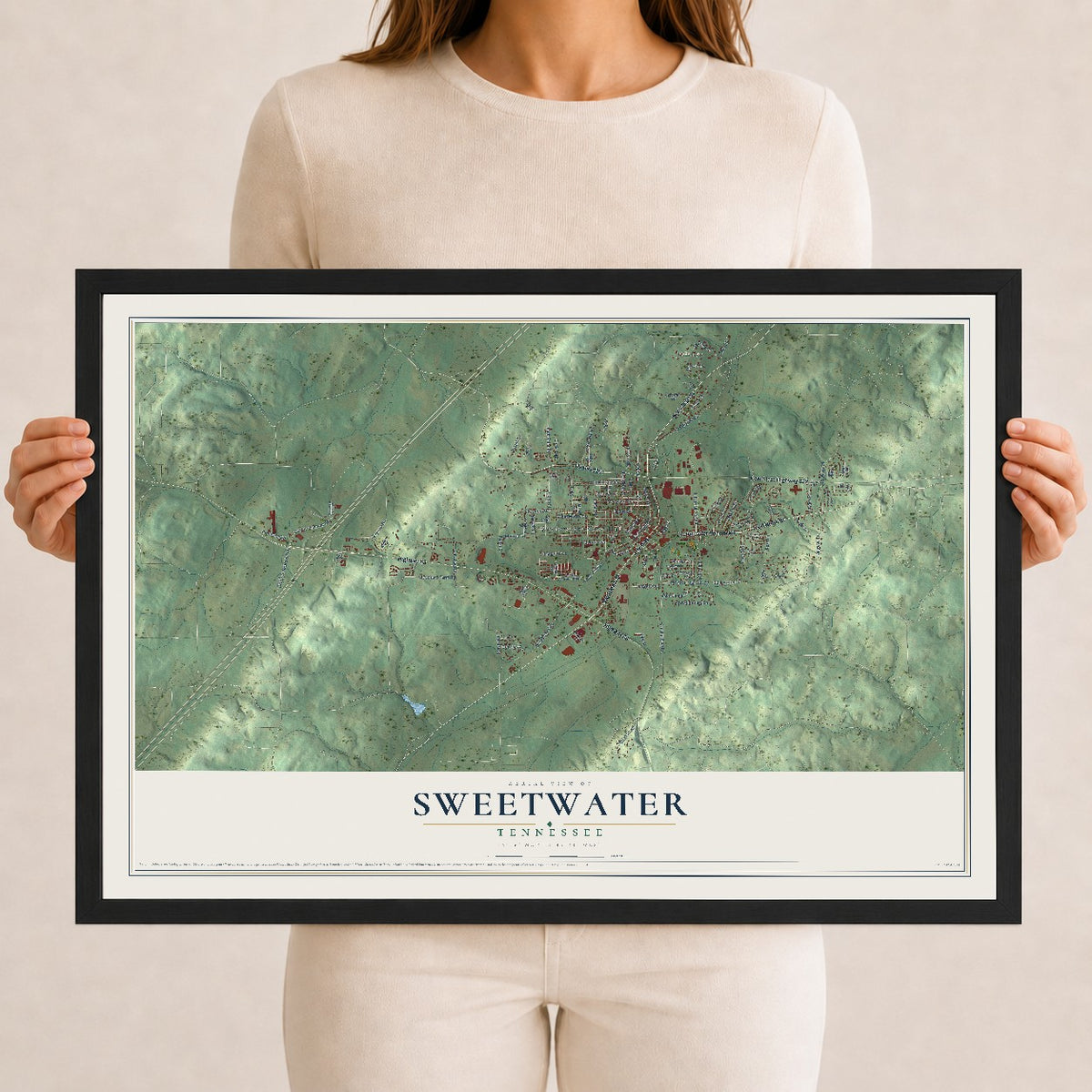 Map of Sweetwater, Tennessee, 12 x 18 inch print in a black wood frame
