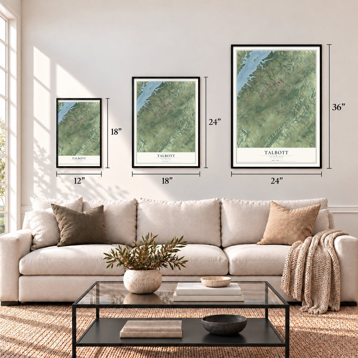 Talbott, Tennessee map in 12 x 18, 18 x 24 and 24 x 36 inch sizes above a sofa