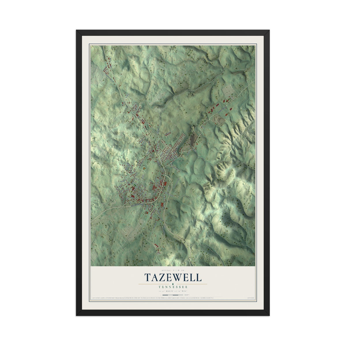 Map of Tazewell, Tennessee, 12 x 18 inch print in a black wood frame