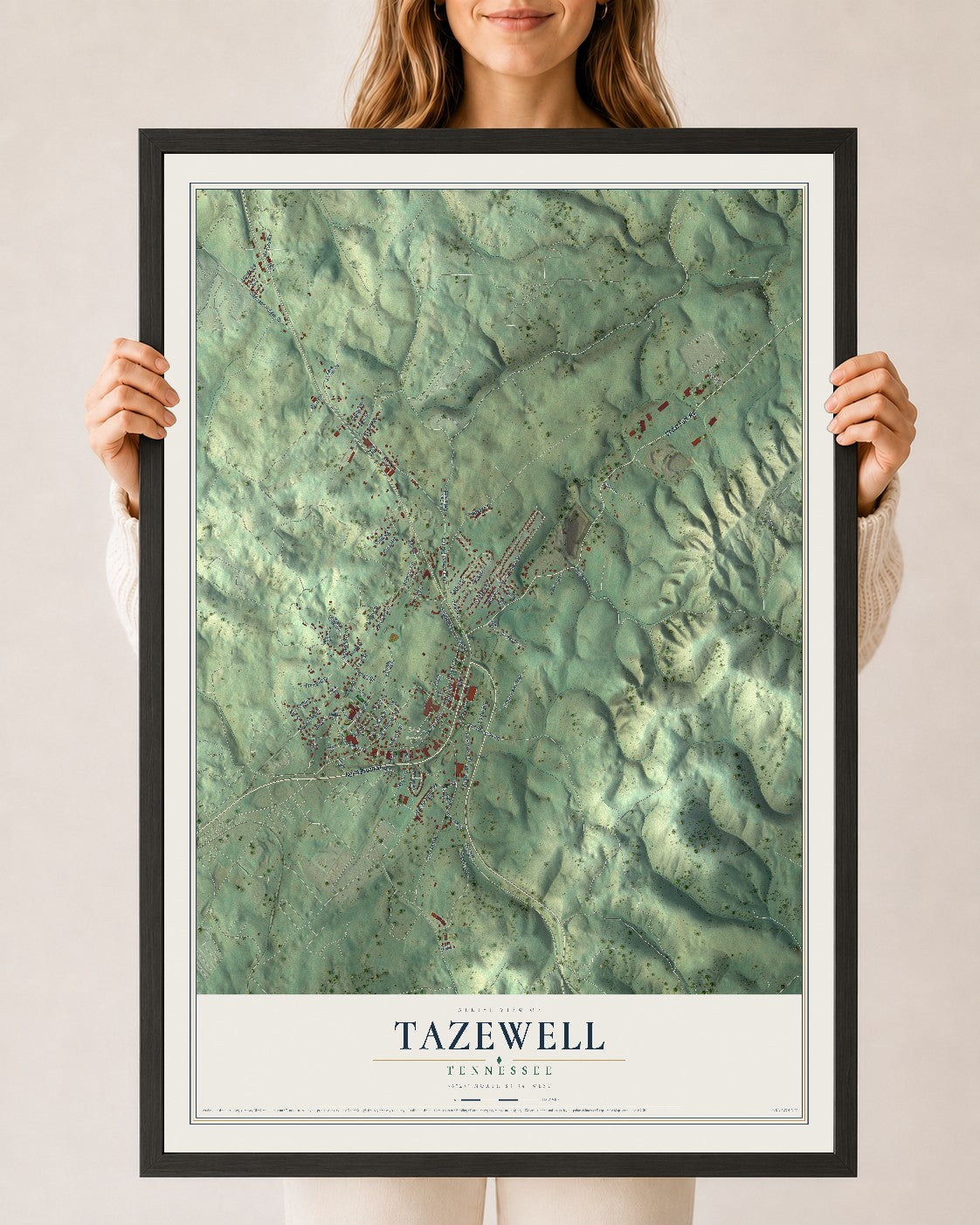 Map of Tazewell, Tennessee, 24 x 36 inch print in a black wood frame
