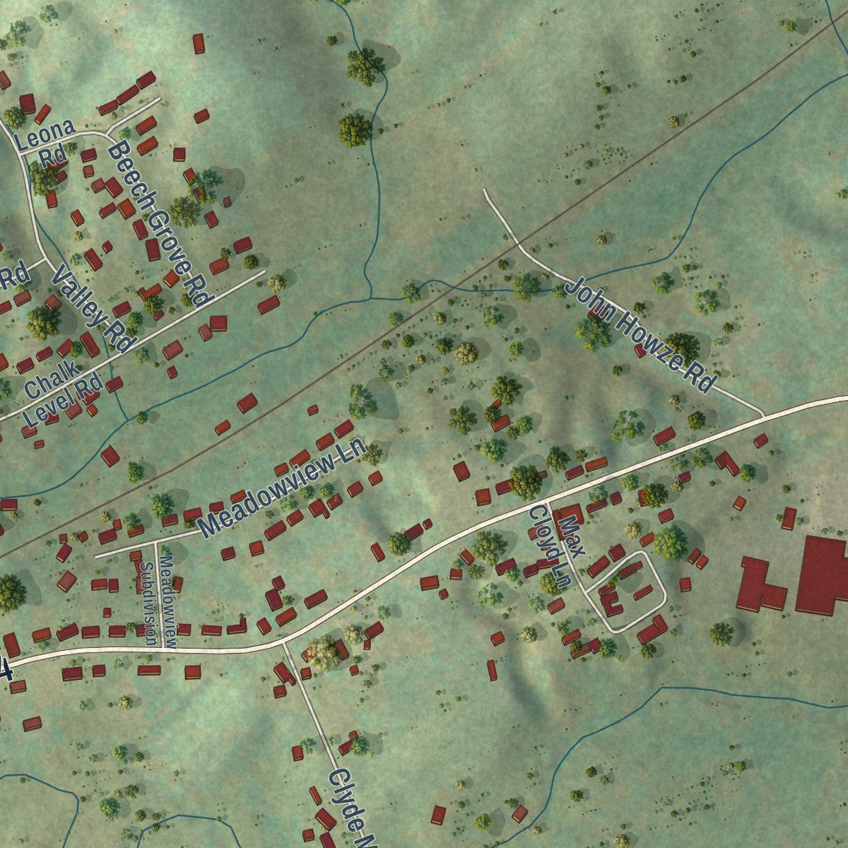 Close-up of the map of Telford, Tennessee print showing street and building detail