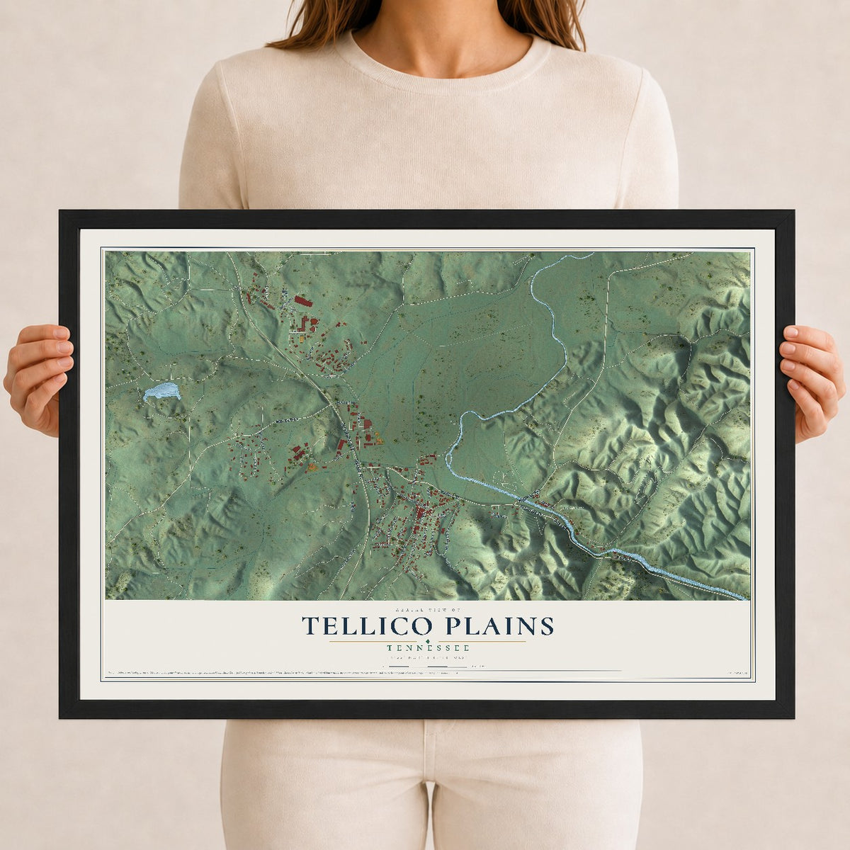 Map of Tellico Plains, Tennessee, 12 x 18 inch print in a black wood frame