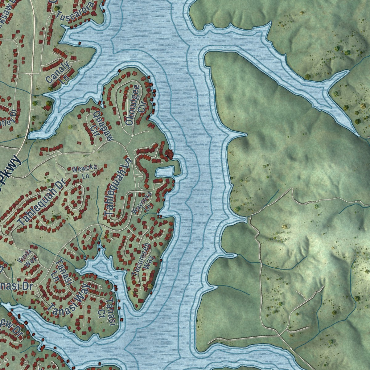 Second close-up of the map of Tellico Village, Tennessee print showing more streets and buildings