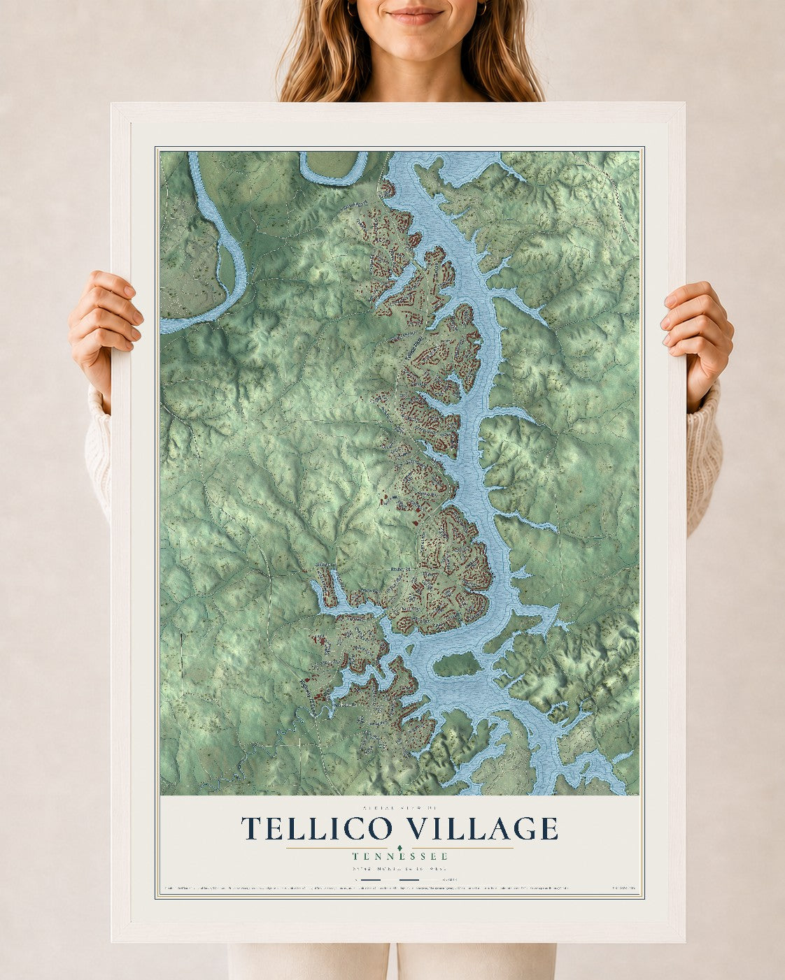 Map of Tellico Village, Tennessee, 24 x 36 inch print in a white wood frame