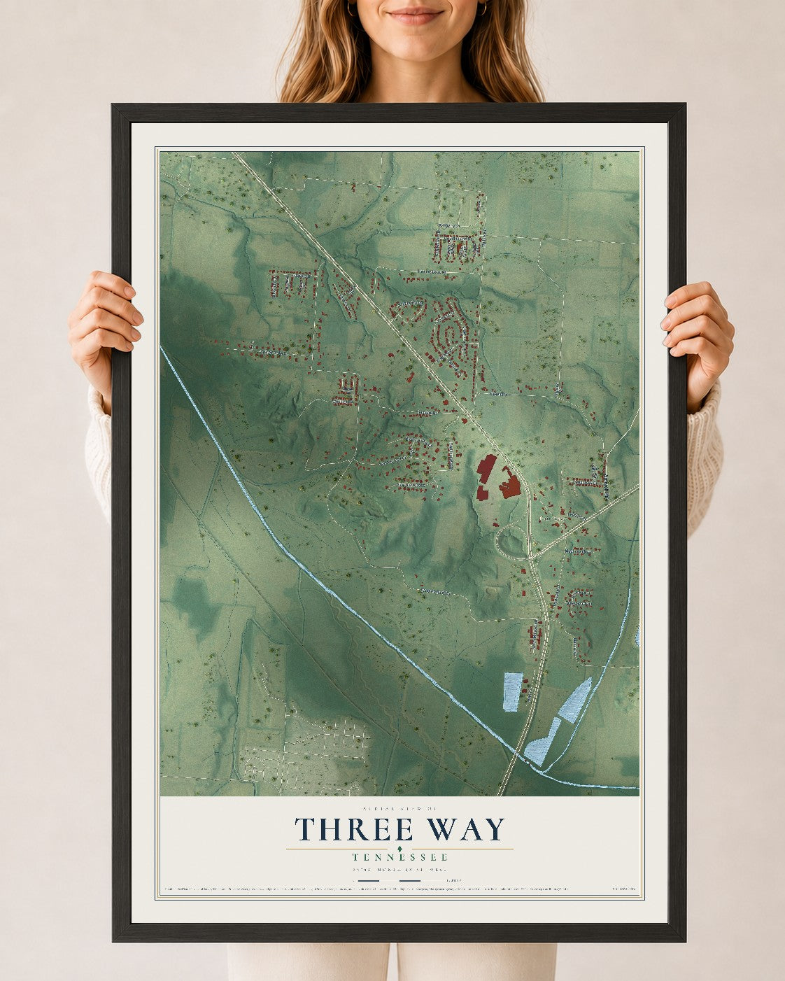 Map of Three Way, Tennessee, 24 x 36 inch print in a black wood frame