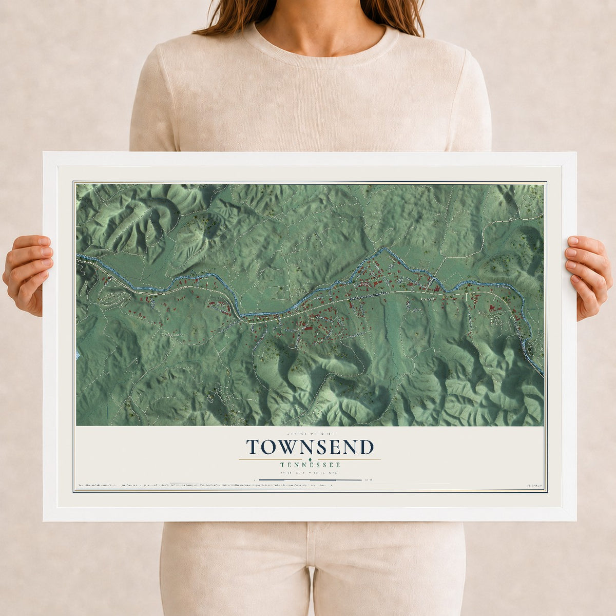Map of Townsend, Tennessee, 12 x 18 inch print in a white wood frame