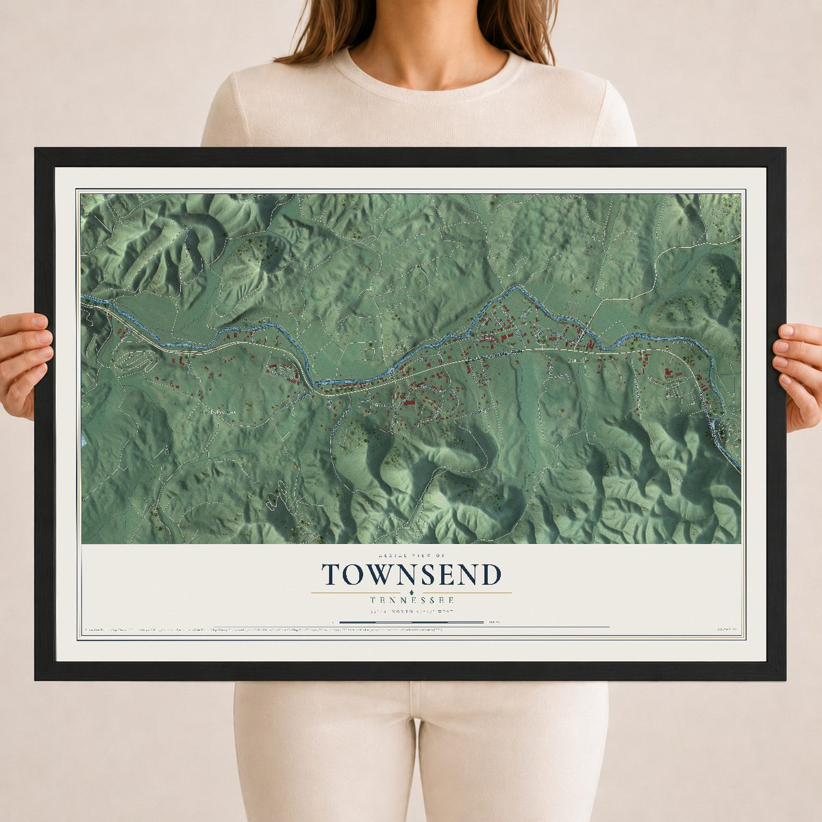 Map of Townsend, Tennessee, 18 x 24 inch print in a black wood frame