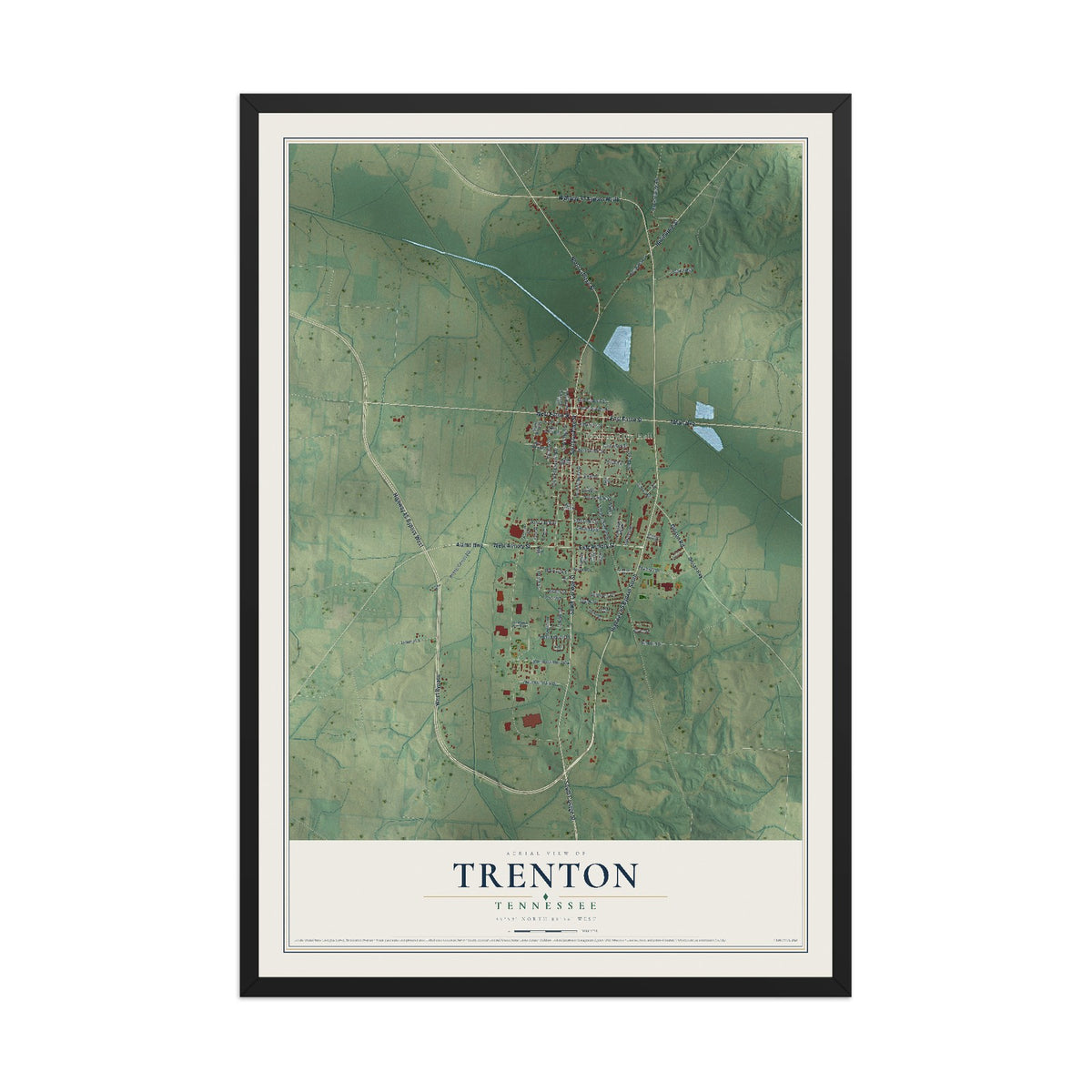 Map of Trenton, Tennessee, 12 x 18 inch print in a black wood frame