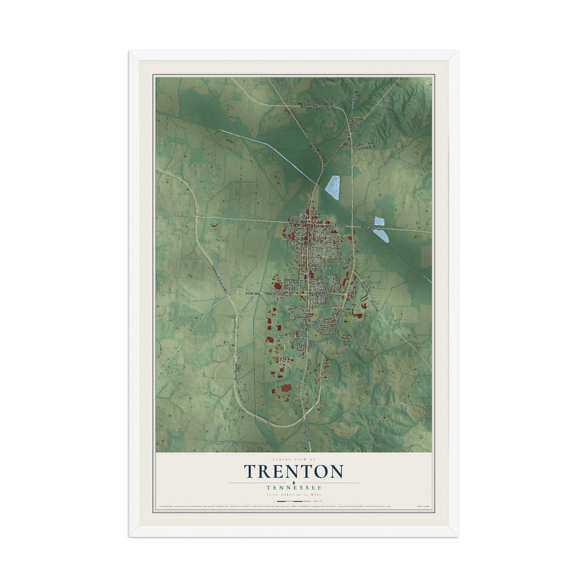 Map of Trenton, Tennessee, 12 x 18 inch print in a white wood frame