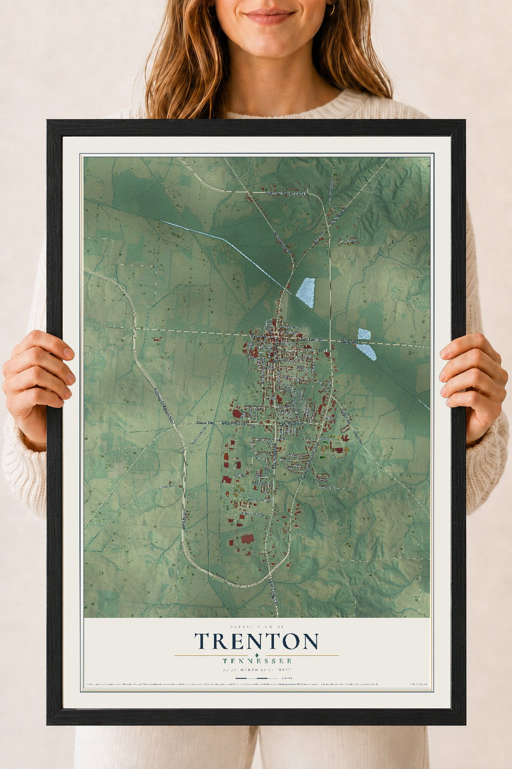 Map of Trenton, Tennessee, 18 x 24 inch print in a black wood frame