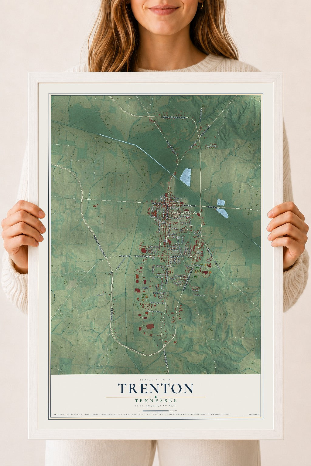 Map of Trenton, Tennessee, 18 x 24 inch print in a white wood frame