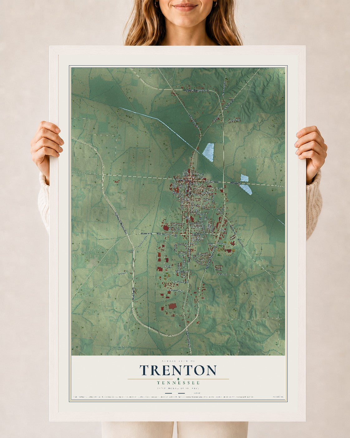 Map of Trenton, Tennessee, 24 x 36 inch print in a white wood frame