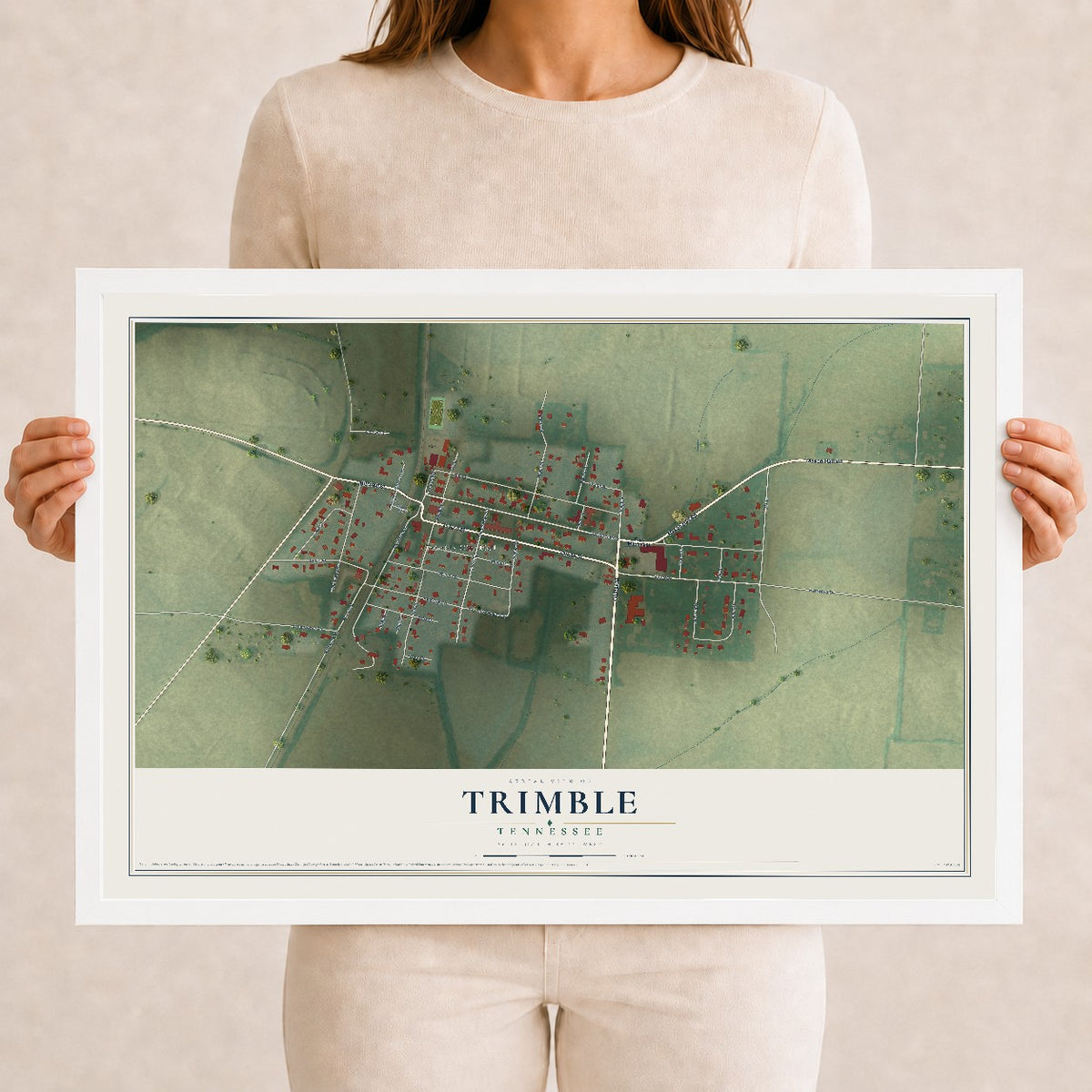 Map of Trimble, Tennessee, 12 x 18 inch print in a white wood frame