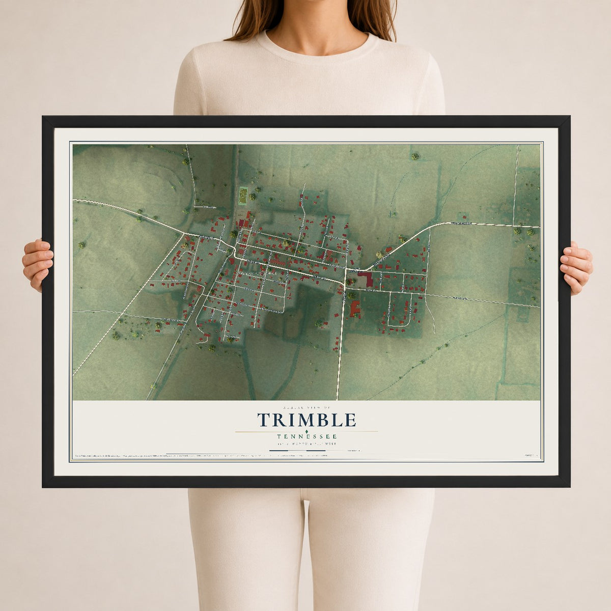 Map of Trimble, Tennessee, 24 x 36 inch print in a black wood frame