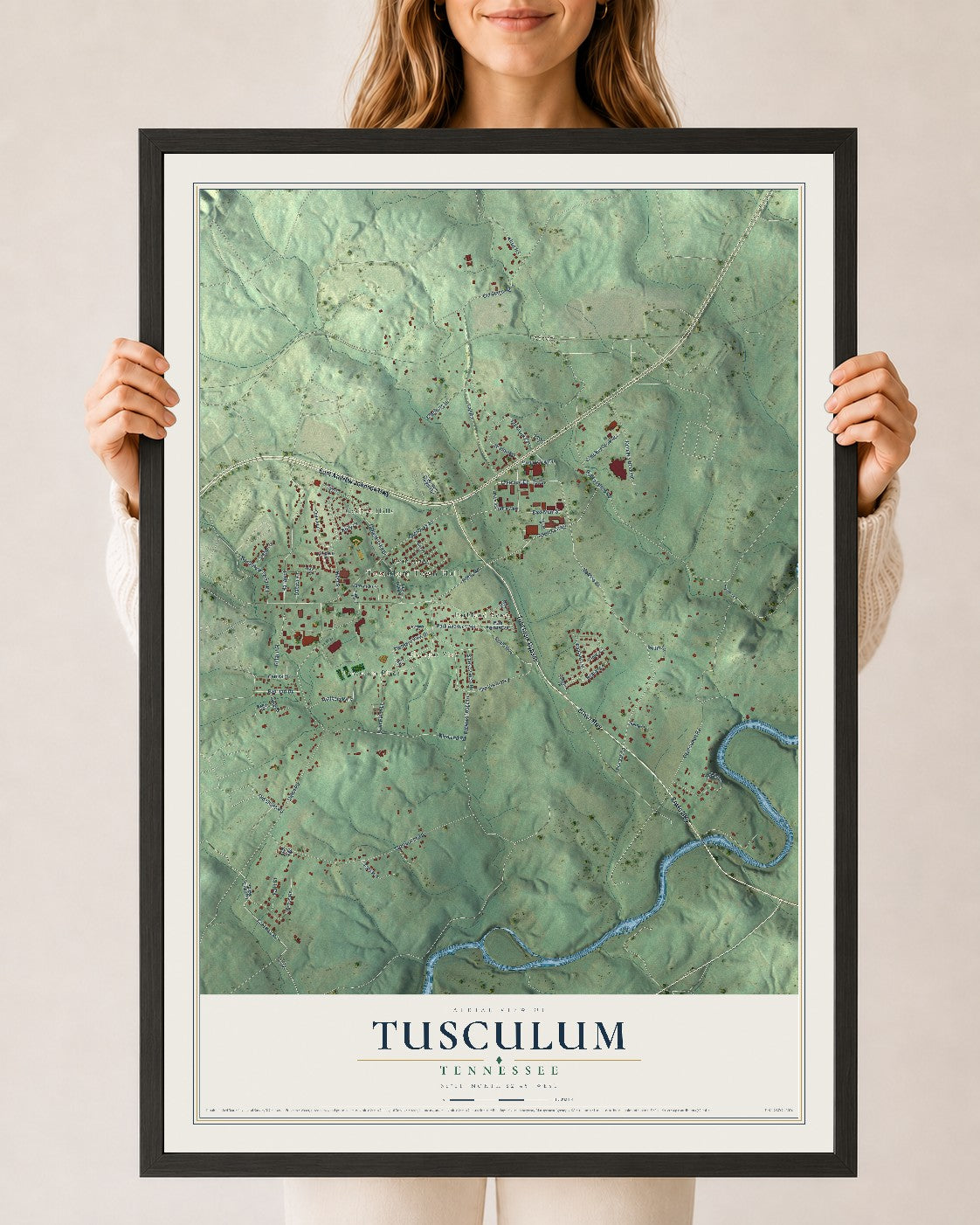 Map of Tusculum, Tennessee, 24 x 36 inch print in a black wood frame