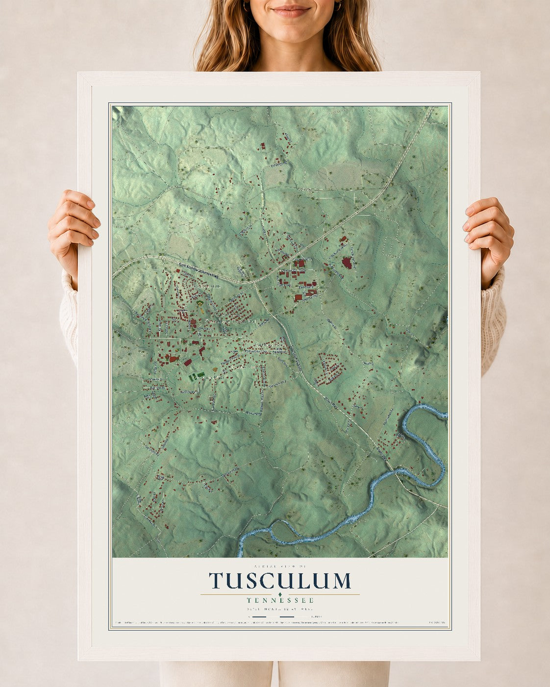 Map of Tusculum, Tennessee, 24 x 36 inch print in a white wood frame