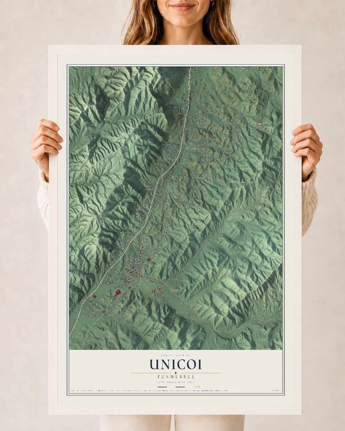 Map of Unicoi, Tennessee, 24 x 36 inch print in a white wood frame